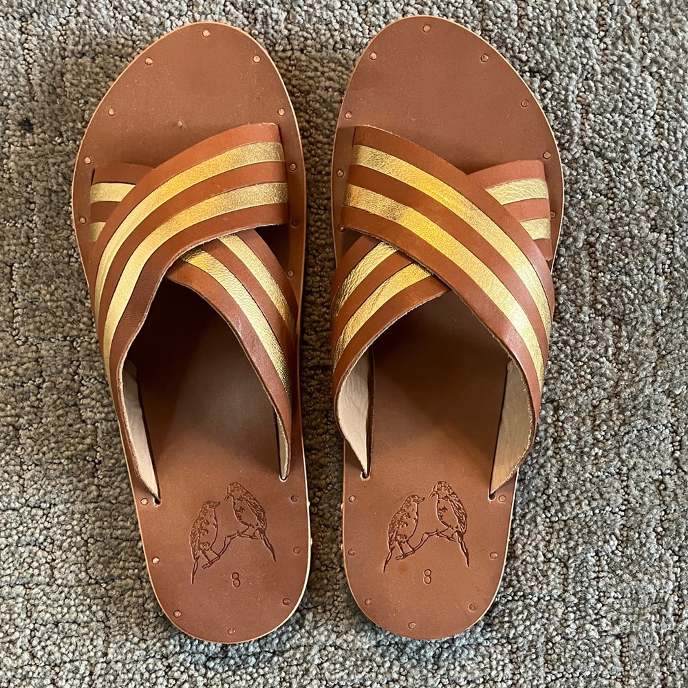 beek Brown and Gold Striped Sandals